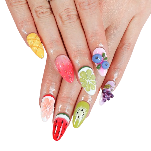 Summer 3D Fruit Press-On Nails – Watermelon Kiwi Lemon Handmade Fake Nails