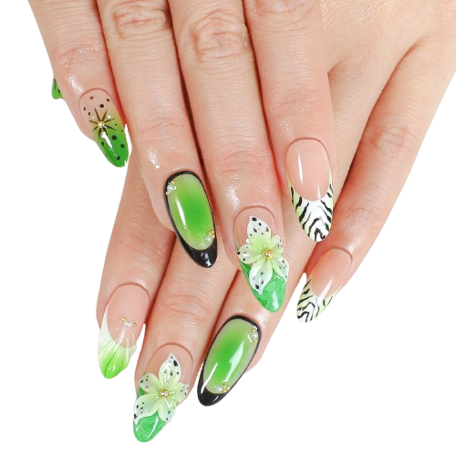 Green Lily Flower Press On Nails – Zebra French Tip Handmade Nail Set