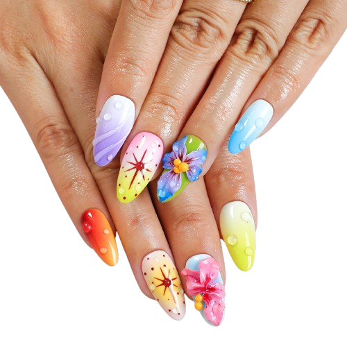 Tropical Bloom Press On Nails Rainbow Ombre Floral Almond Nails Hand Painted Summer Nail Art