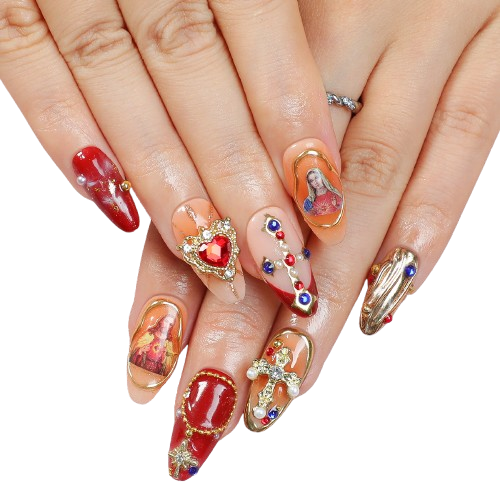Sacred Heart Vintage Press On Nails Renaissance Art Red Gold Luxury Almond Nails