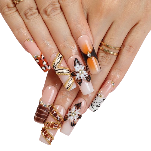Amber Butterfly Luxe Press-On Nails | 3D Floral Gold Chain Square Nail Set