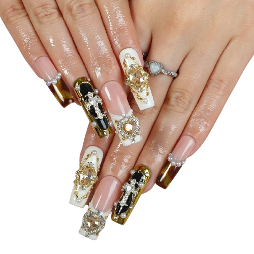 Royal Baroque Cross Press On Nails – Luxury Gold Rhinestone Nail Set
