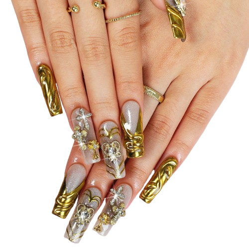 Luxury Gold Chrome Press-On Nails – 3D Rhinestone Coffin Nail Set