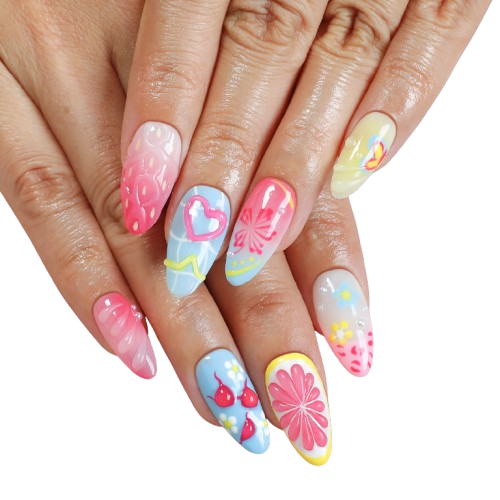 Cute Pastel Fruit & Heart Hand-Painted Press-On Nails | Summer Kawaii Almond Nail Set