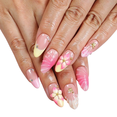 Pink Blossom Butterfly Press-On Nails | 3D Floral Almond Nail Set
