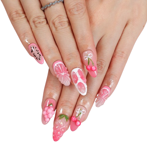 Pink Cherry Blossom Press On Nails – Handmade Fruit Nail Art Set