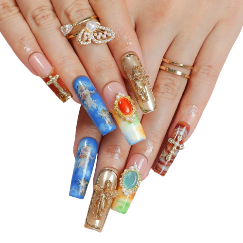 Baroque Angel Press-On Nails – Vintage Sacred Art Gold Luxury Long Coffin Nails