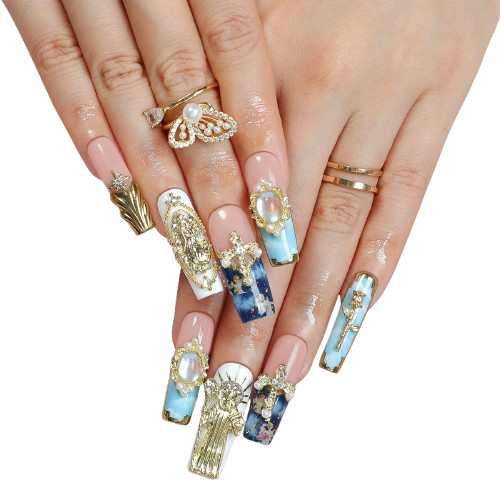 Royal Blue Baroque Press-On Nails | Luxury Pearl Gold Frame Long Square Nail Set