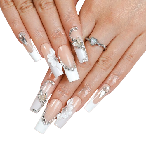 Luxury White Bow Press-On Nails – 3D Rhinestone French Tip Nail Set