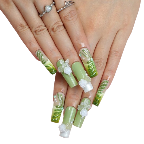 Spring Garden 3D Floral Green Press-On Nails | Handmade Long Nail Set