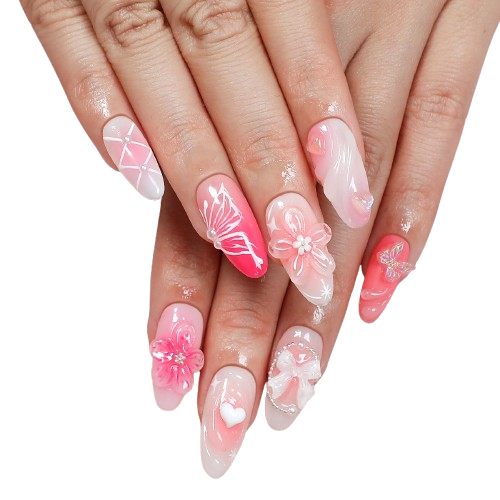 Pink Butterfly Press On Nails – Handmade 3D Floral Nail Art Set
