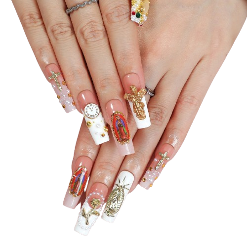 Virgin Mary Cross Luxury Press-On Nails | Religious Gold Charm Long Square Nail Set