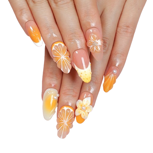 Orange Citrus Press On Nails – Handmade 3D Floral Summer Nail Set