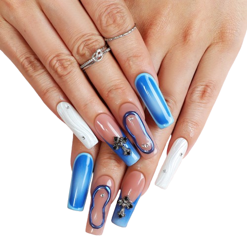 Blue Cross Press-On Nails – Luxury Abstract French Tip Coffin Nail Set