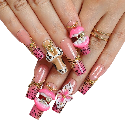 Pink Leopard Lip Press-On Nails – 3D Y2K Glam Statement Nail Set