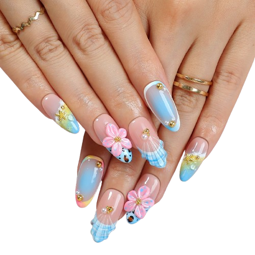 Blue Plaid Flower Press On Nails – 3D Floral French Tip Nail Set