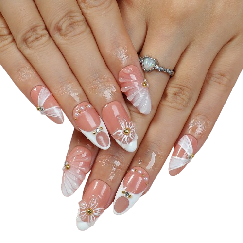 White Butterfly Press On Nails – Elegant 3D Floral French Tip Nail Set