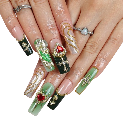 Cathedral Press On Nails Green Gold Luxury  Nails Sacred Heart Rhinestone Long  Nails