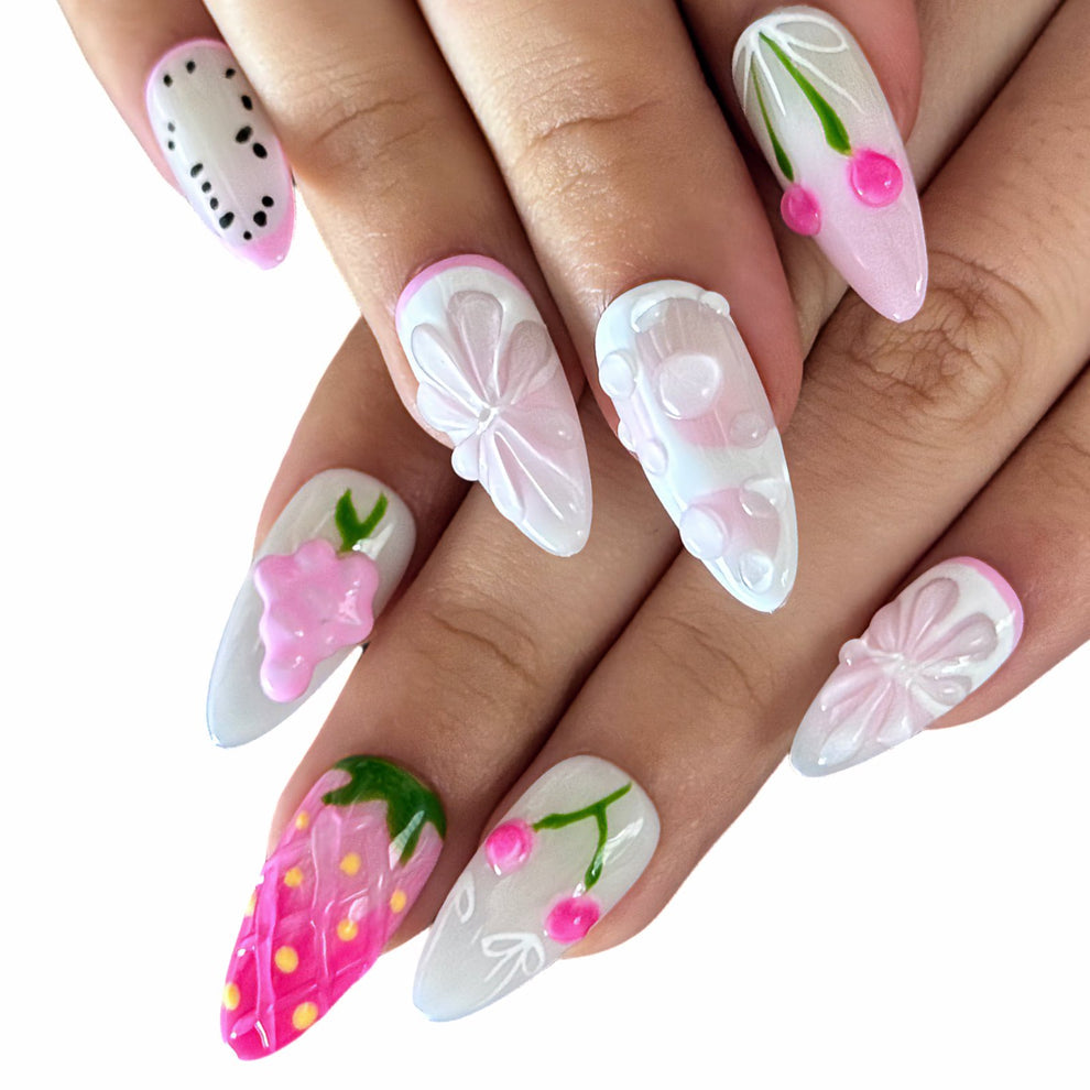 H092 Pink Fruit Press On Nails 3D Strawberry Kawaii Nail Set