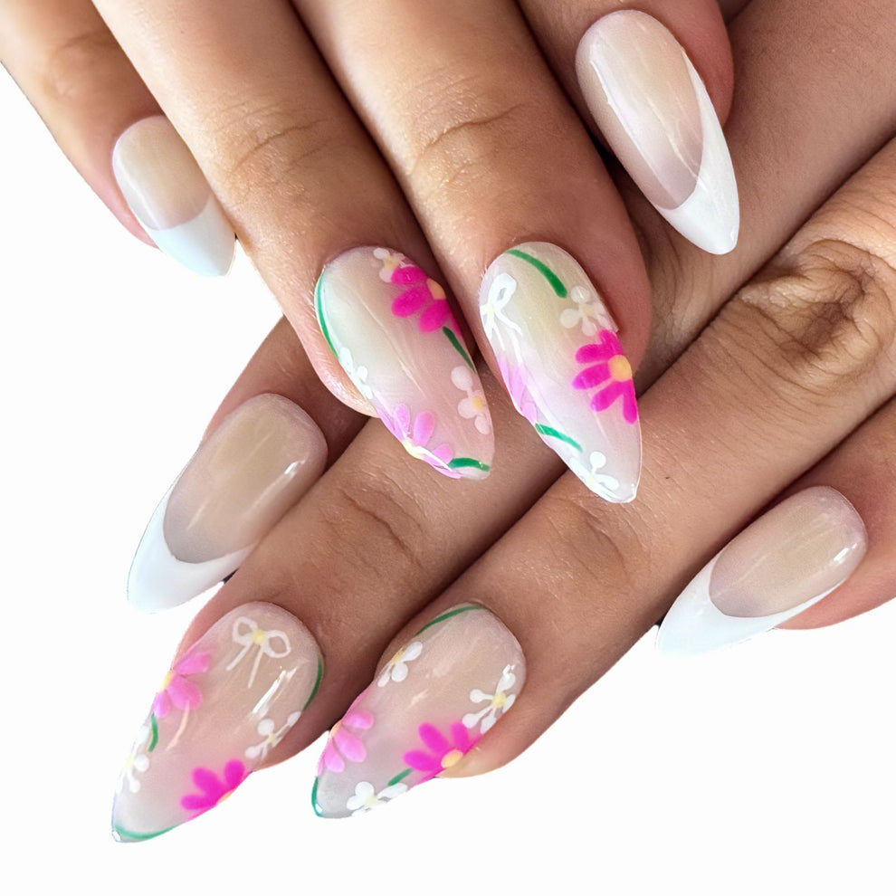 P004 Spring Garden French Floral Nail Reusable Press On Nails