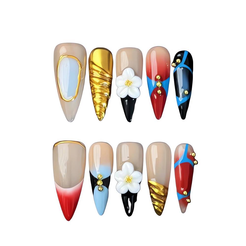 P028 Golden Bold Chrome Nude Press-Ons Nails Fake Stiletto Nails