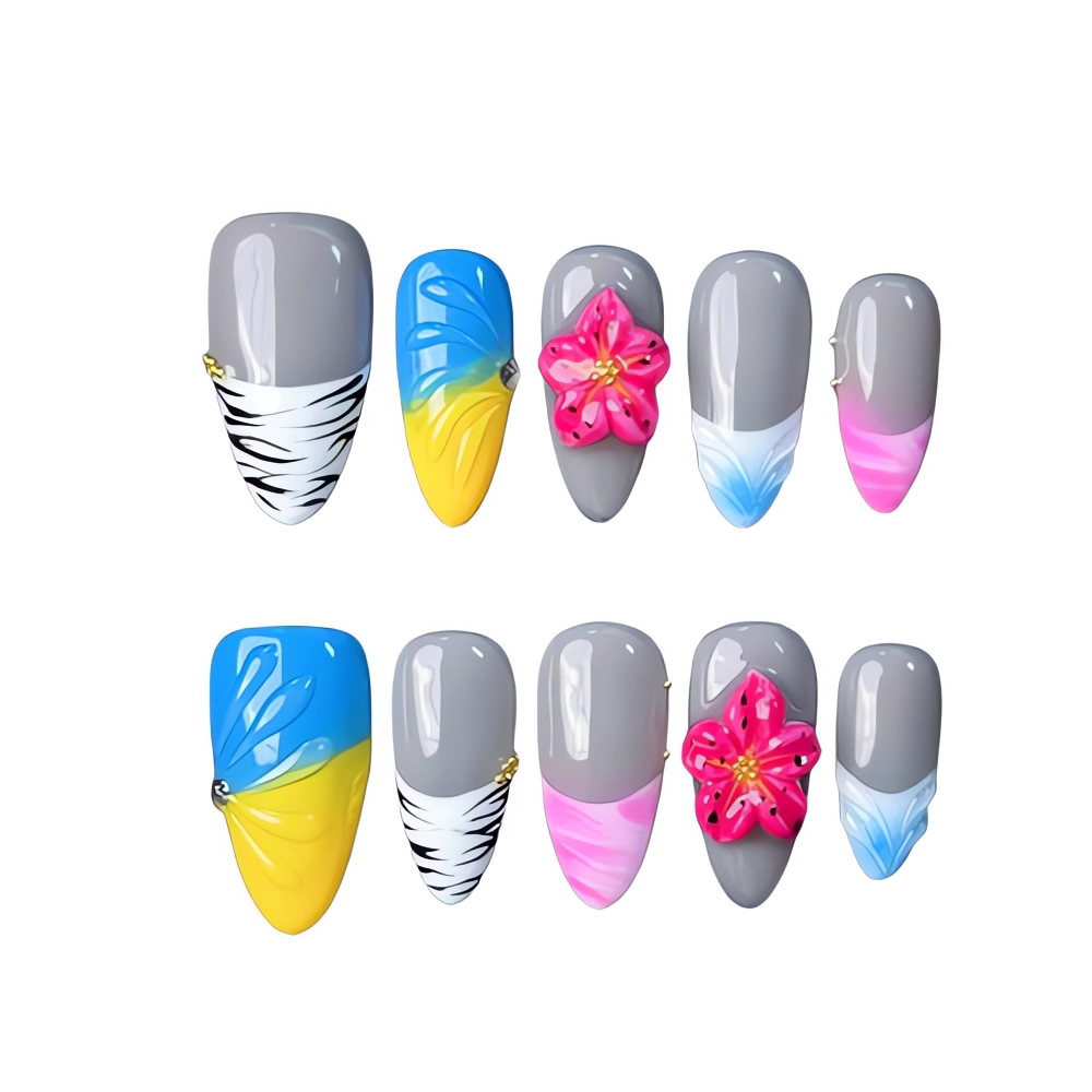 P053Tropical Neon 3D Floral Press-On Nails Stunning Ocean Nails