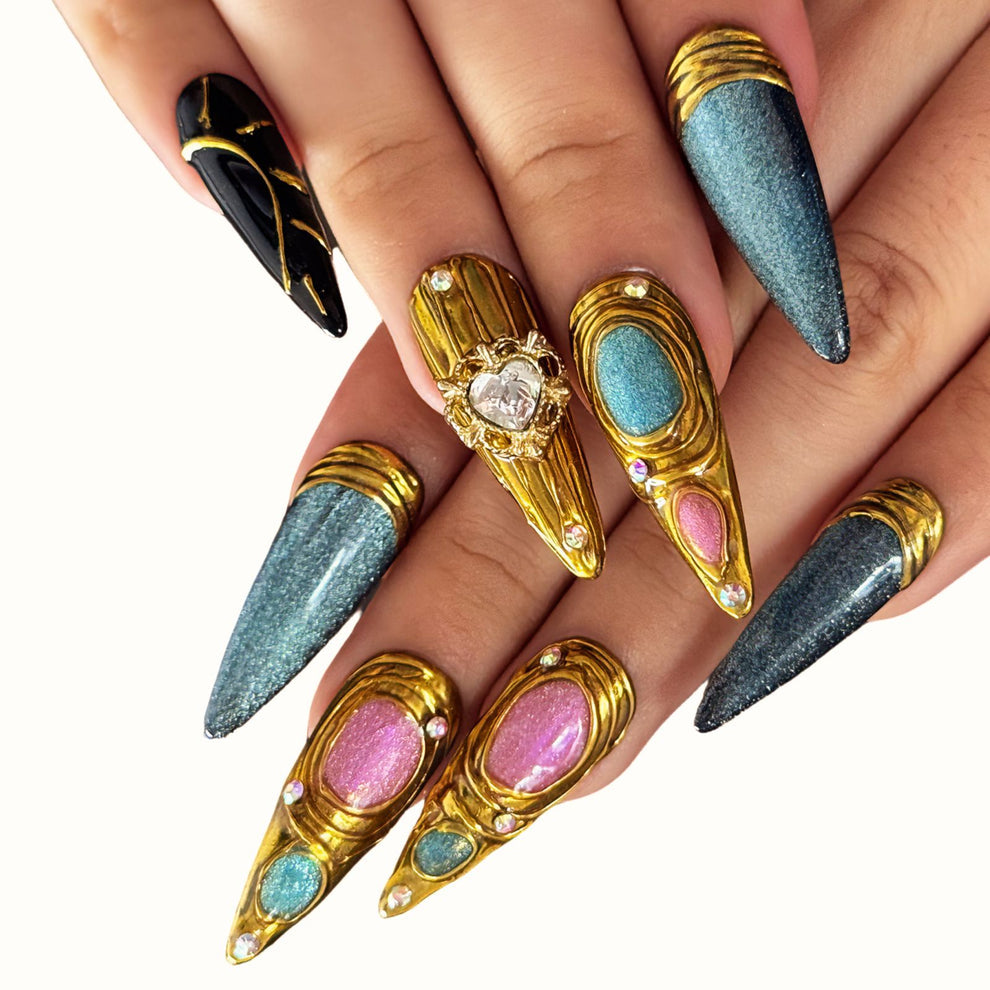 P065 Metallic Gold and Black Galaxy Nails with Gemstone